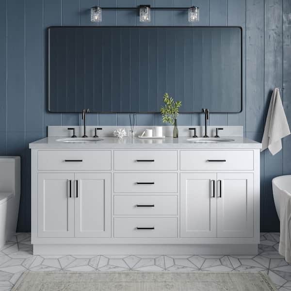 ARIEL Hepburn 73 in. W x 22 in. D x 36 in. H Bath Vanity in White with White Carrara Marble Vanity Top with White Basins