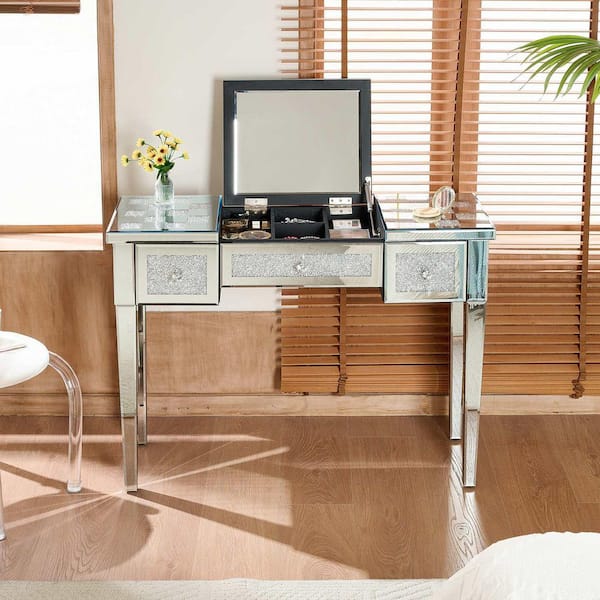 2-Piece Silver Makeup Vanity Set with Crushed Diamond Inlay and Flip-Top Mirror