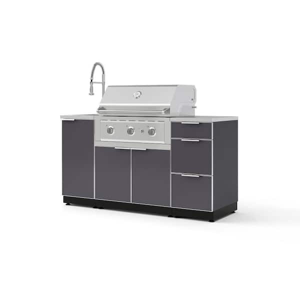 Outdoor Kitchen 5-Piece 3-Burners Natural Gas Grill Island in Gray with 33 in. Grill and Stainless Steel Countertop