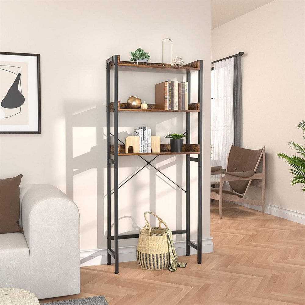 Brown Rustic Wood and Metal Over-the-Toilet Storage Rack
