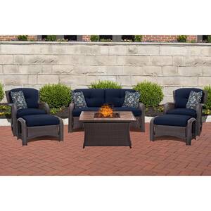 Strathmere 6-Piece Woven Patio Seating Set with Tile-Top Fire Pit and Navy Blue Cushions