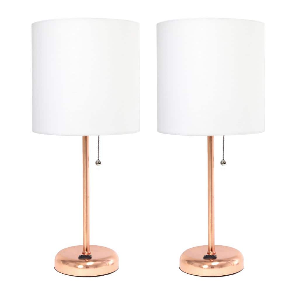Rose Gold and White Stick Nightstand Lamp Set with Fabric Shade
