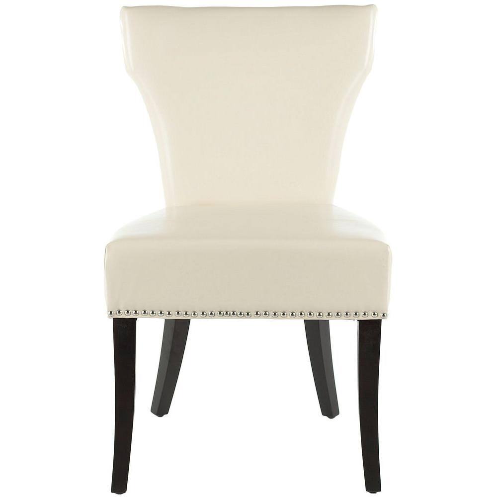 Transitional Flat Cream Leather Parsons Side Chair with Wood Accents