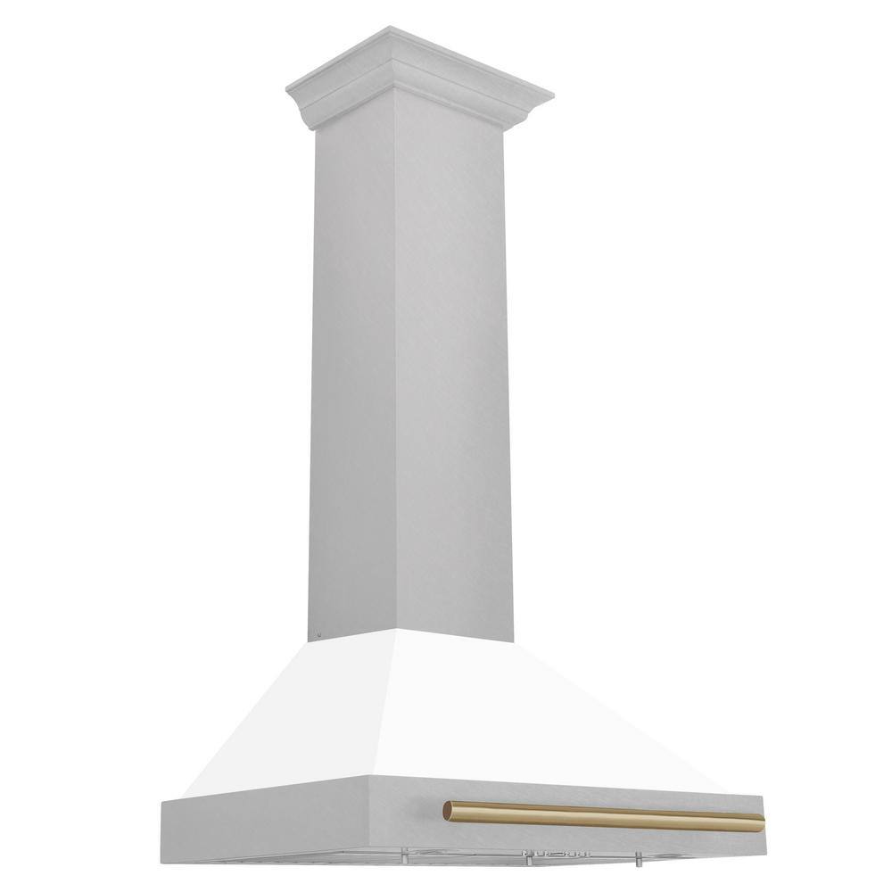 Autograph Edition 30 in. Convertible Satin Steel Wall Mount Range Hood with White Shell and Champagne Bronze Handle