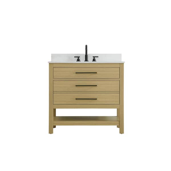 36 in. Single Sink Honey Brown Bath Vanity with White Engineered Marble Top and Backsplash