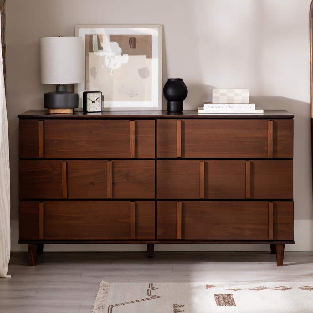 Modern Walnut 6-Drawer Vertical Accent Solid Wood Dresser