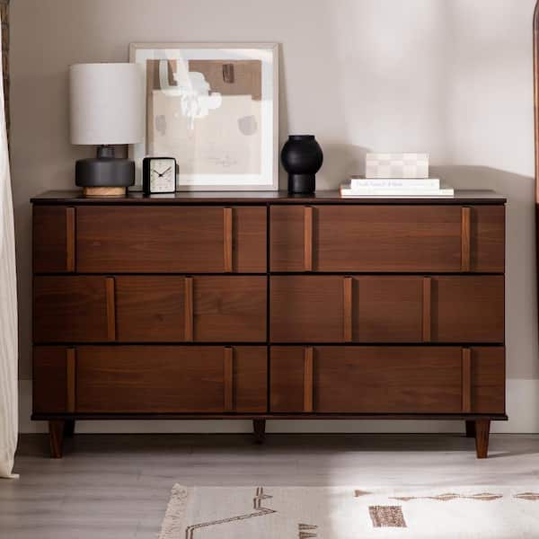 Welwick Designs Modern Walnut 6-Drawer 60 in. Wood Dresser with Vertical Accents
