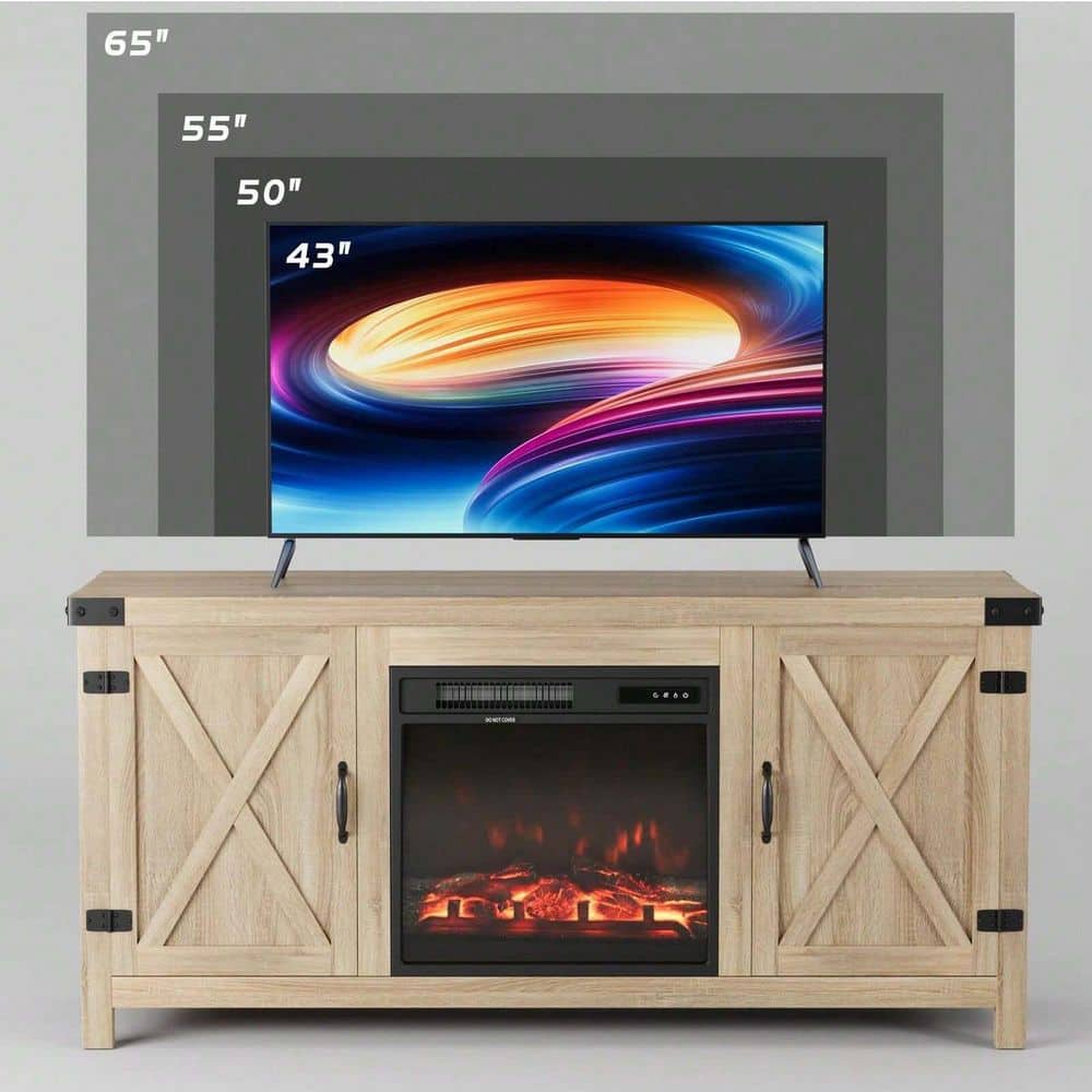 Beige farmhouse electric fireplace TV stand showing compatible TV sizes up to 65 inches.