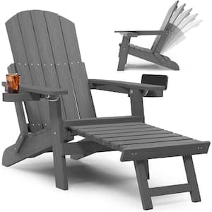 Grey Outdoor Weather Resistant Folding Adirondack Chair with Integrated Pullout Ottoman and Cup Holder