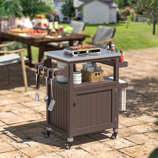 VEIKOUS Wood Outdoor and Indoor Bar Cart with Wheels for Storage, Service Bar, Grill Dining Cart with Stainless Steel Top