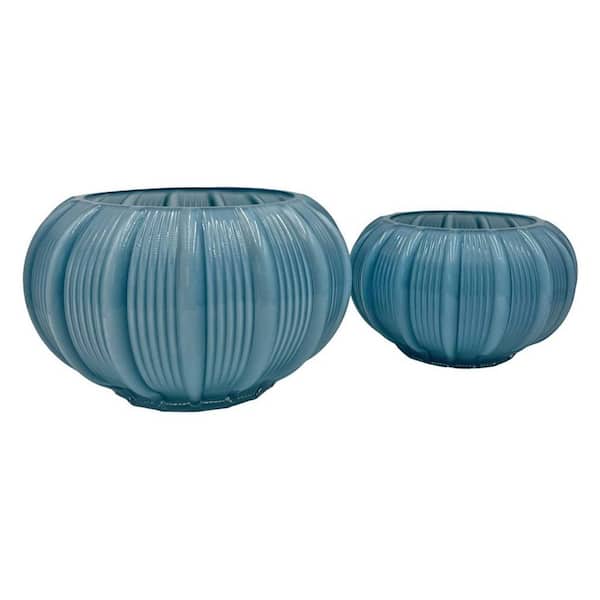 castellousa Blue 11 in. and 9 in. Decorative Pumpkin Glass Vase (Set of 2)