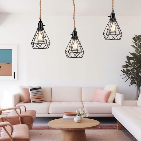 40 in. 3-Light Modern Plug-In Hanging Pendant Lamp with Black Socket and Braided Rope Without Shade for Kitchen