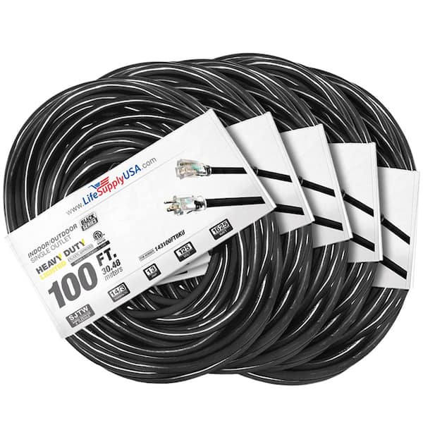 LifeSupplyUSA 100 ft. 14-Gauge/3-Conductors SJTW 13 Amp Indoor/Outdoor Extension Cord with Lighted End Black (5-Pack)