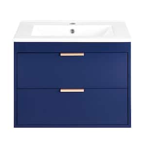 24"x17.72"x18.7 in Blue MDF Wall Mounted Kitchen Cabinet with White Sink Ready to Assembly with Drawers, Porcelain Basin