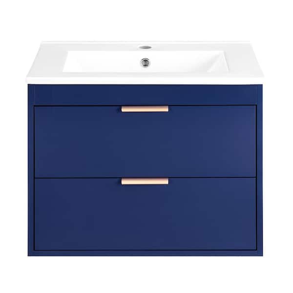 FUNKOL 24"x17.72"x18.7 in Blue MDF Wall Mounted Kitchen Cabinet with White Sink Ready to Assembly with Drawers, Porcelain Basin