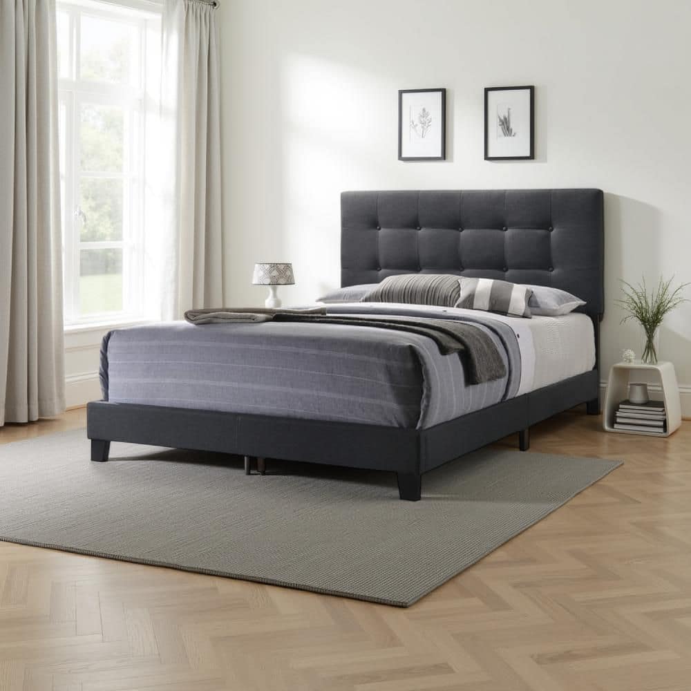 Benjara Gray Wood Frame Queen Size Panel Bed with Headboard