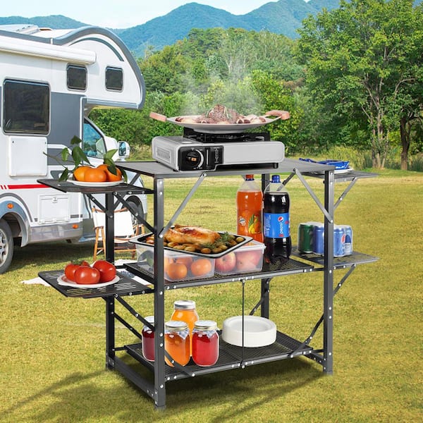 Camping Kitchen Table with 4 Iron Side, 2 Shelves & Carrying Bag Aluminum Folding Portable Outdoor Cook Station