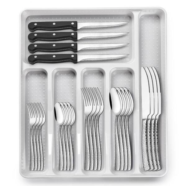 49-Piece Hammered Silverware Flatware Set with Organizer for 8 Stainless Steel Steak Knives Wave Pattern