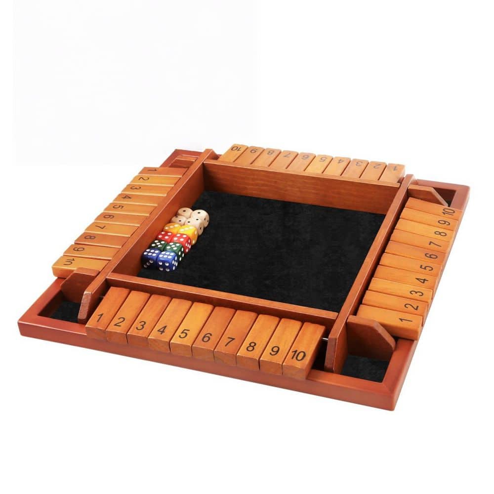 Shut The Box Dice Game, Wooden Board Table Game Set for 4 Players with 12 Dice, Family Math Game for Kids Adults