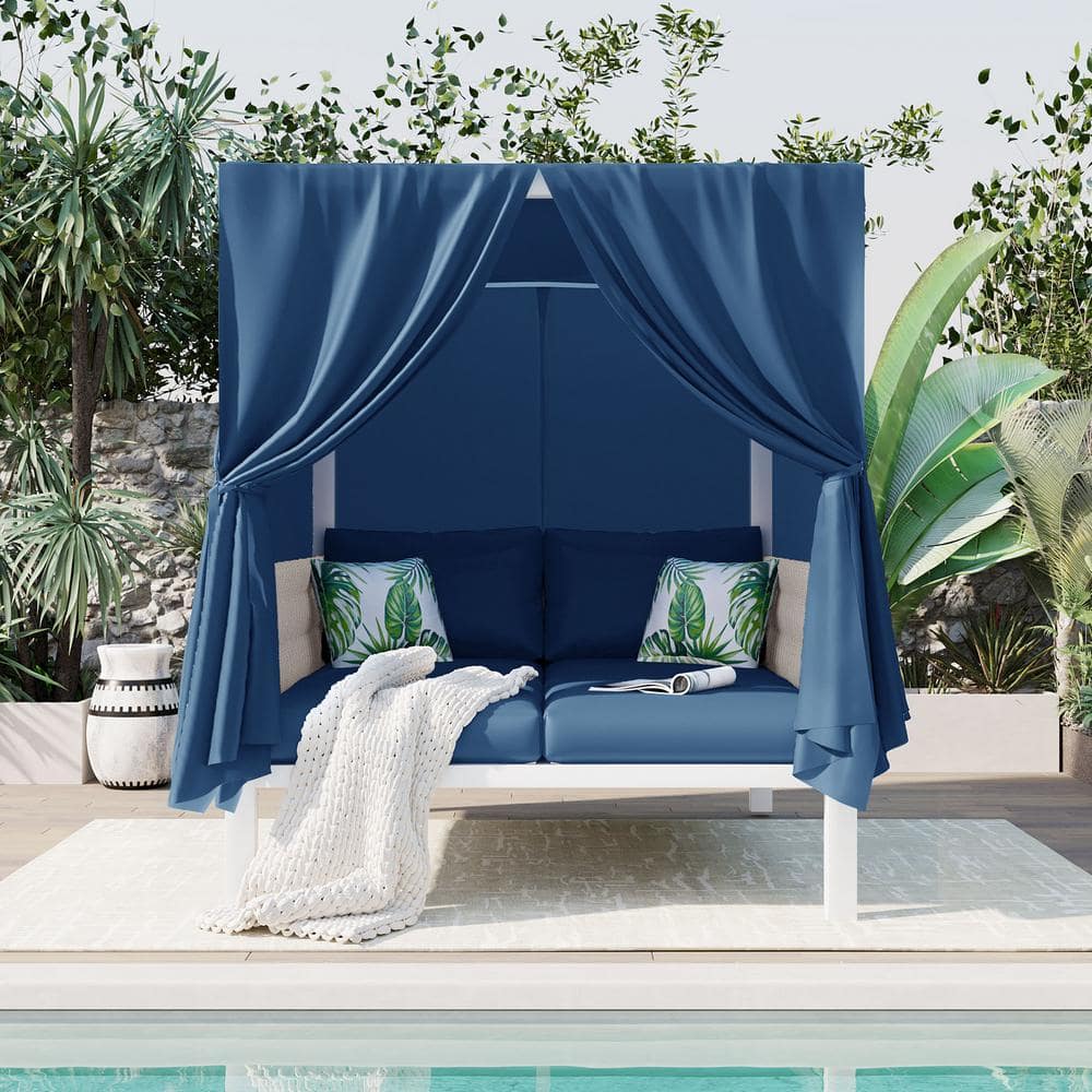 Metal Outdoor Day Bed, Woven Rope Sunbed with Curtains, High Comfort, Suita