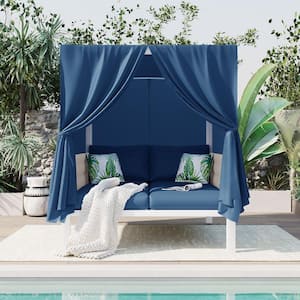Metal Outdoor Day Bed, Woven Rope Sunbed with Curtains, High Comfort, Suitable for Multiple Scenarios, Blue Cushions