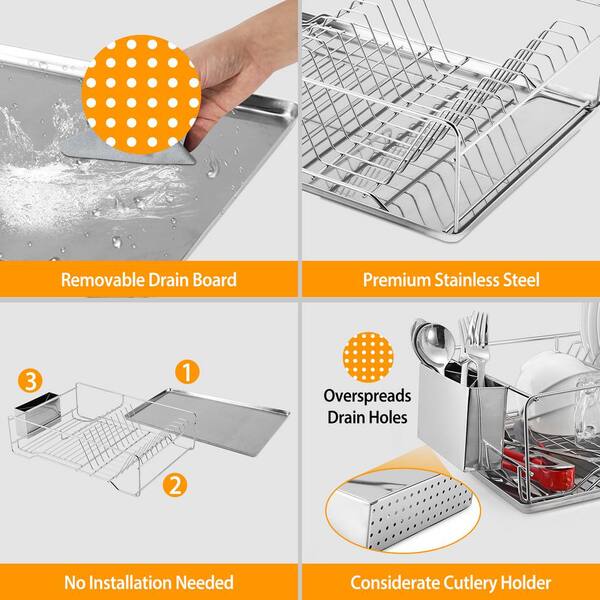 Dish Drying Rack with Drainboard Drain Board Utensil Holder Tableware  Organizer