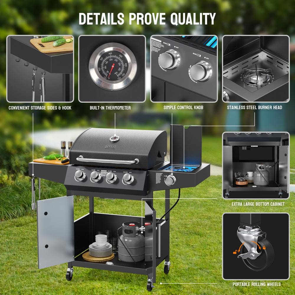 Stainless Steel 4-Burner Propane Gas Grill with Side Burner