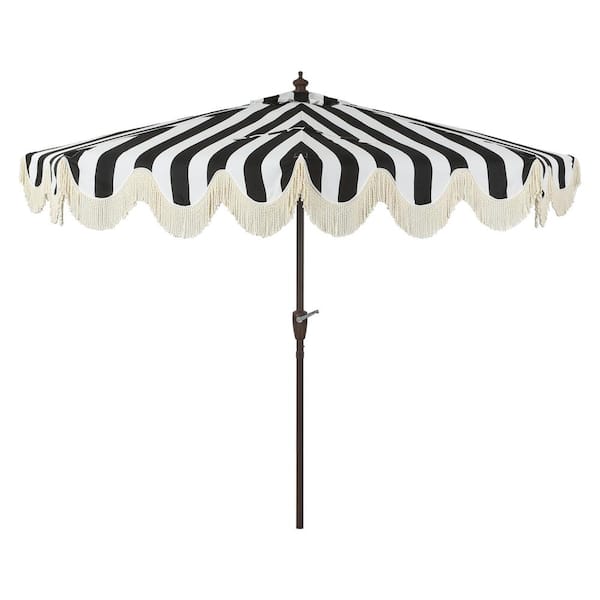 cream and black scalloped patio umbrella JONATHAN Y Beverly 9 ft. Scalloped Fringe Half Market Patio Umbrella with  Crank, Push Button Tilt and UV Protection in Black/White UMB1201A