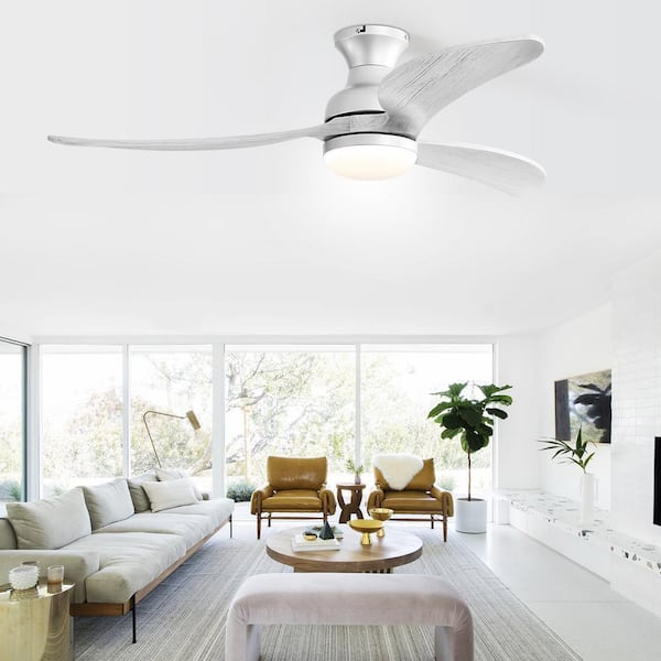52 in. Indoor/Outdoor Flush Mount Smart Silver Ceiling Fan Wood Blades with LED Light and 6-Speed Remote