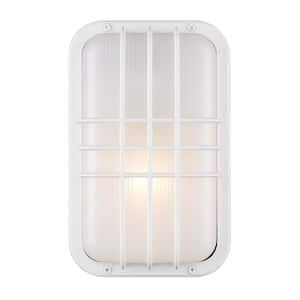 Walker 10 in. 1-Light White Rectangular Bulkhead Outdoor Wall Light Fixture with Ribbed Acrylic