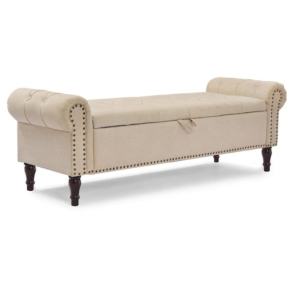 Cerella 63 in.Wheat Tufted Fabric Upholstered Storage Bedroom Bench Rolled Arm Button Tufted Storage Ottoman