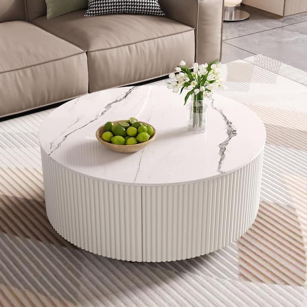 Ulverren Modern 29.5 in. White Round Sintered Stone Coffee Table with Casters and Drawers