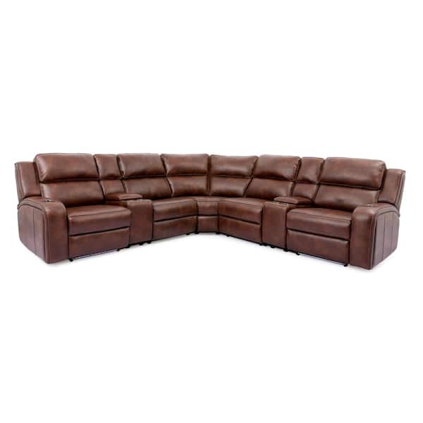 Furniture of America Cavah 124 in. Square Arm 1-Piece Faux Leather L-Shaped Sectional Sofa in Brown with Reclining