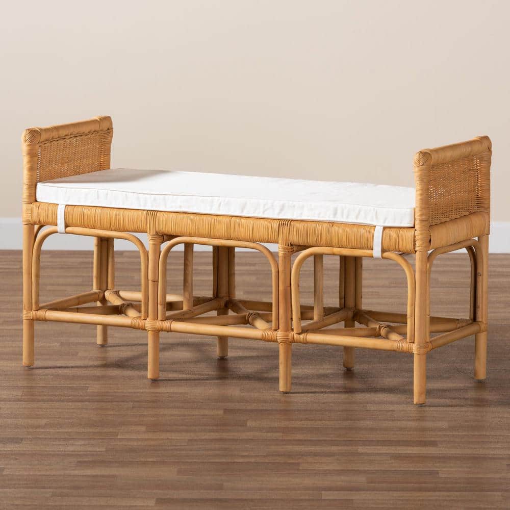 Nairi Natural Brown Rattan Bench with Storage and Cushion