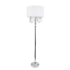 62 in. Chrome Contemporary Glamorous Cascading Crystal Floor Lamp with White Fabric Shade