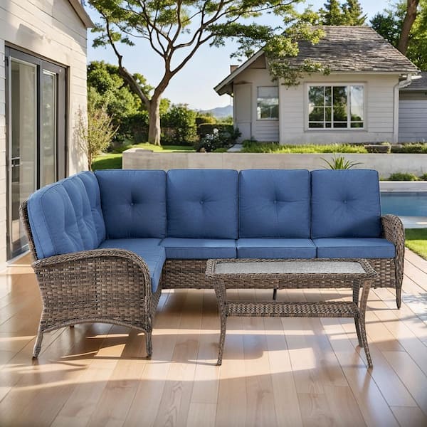 Brown 2-Piece Wicker Patio Conversation Sectional Seating Set with Navy Blue Cushions and Coffee Table
