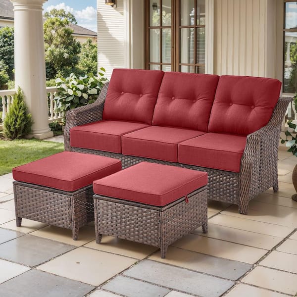Modern Farmhouse 3-Seat Brown Wicker Outdoor Couch Set with 6 In. Gray Olefin Cushions /Patio Ottomans（3-Piece）