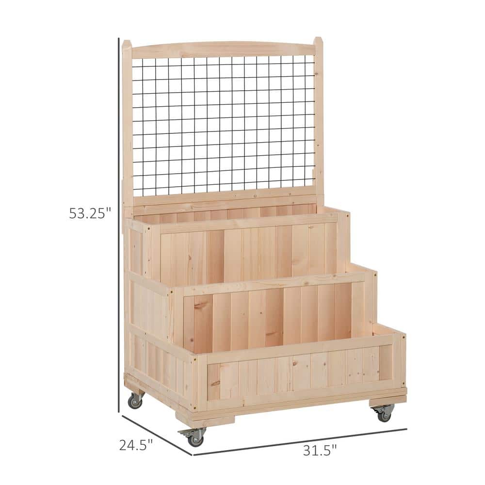 Natural Wood 3-Tier Raised Garden Bed with Trellis and Wheels