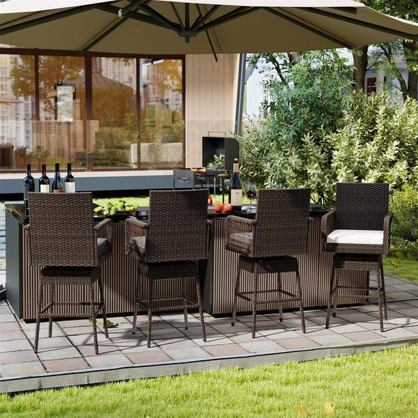 4 Pieces 360° Swivel Wicker Outdoor Bar Stool Rattan Bar Height Chair with Removable Cushion