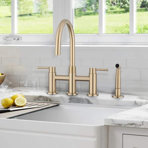 Unbranded Modern Simple Double Handle Bridge Kitchen Faucet with Side Spray, Stainless Steel, 360° Swivel in Gold