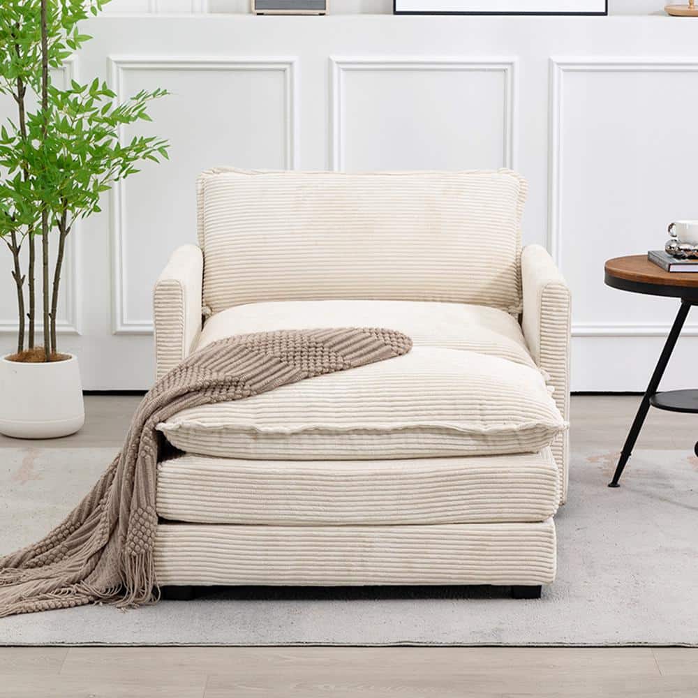 Beige Corduroy Club Chair with Ottoman and Metal Frame