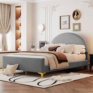 Gray Wood Frame Full Size Velvet Platform Bed with Semi-Circle Shaped headboard and Mental Legs