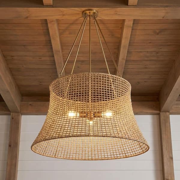 Longleaf 4-Light Burnished Brass Outdoor Chandelier with Rattan Resin Shade