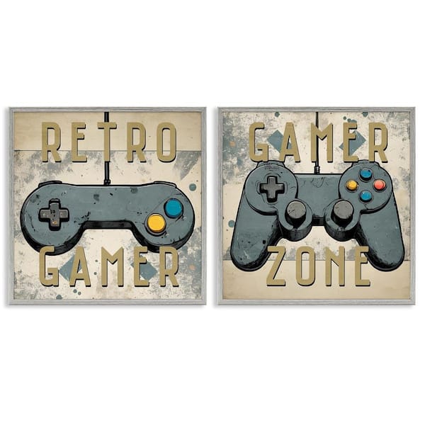Stupell Industries Retro Gamer Controllers by Kim Allen 2 Pieces Gray Framed Typography Giclee Art Print 17 in. x 17 in.