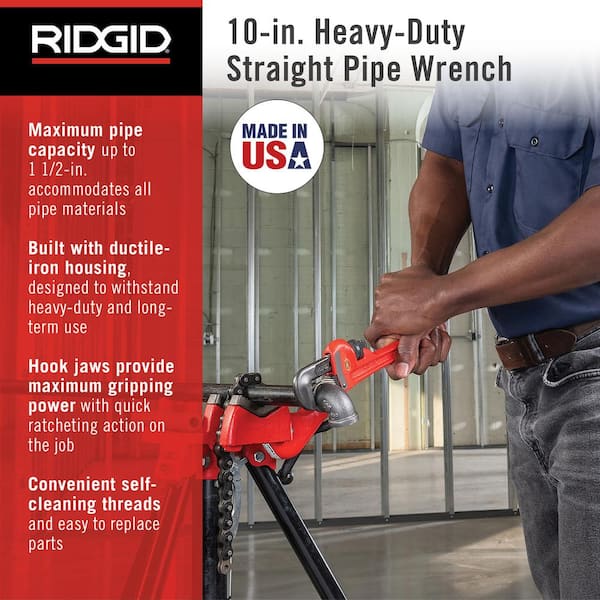 RIDGID 10 in. Straight Pipe Wrench for Heavy-Duty Plumbing, Sturdy