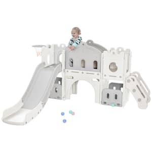 White Outdoor/Indoor HDPE Kids Slide Playset Freestanding Castle Climber with Slide and Basketball Hoop