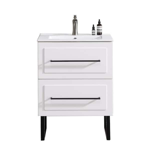 24 in. W x 16 in. D x 32 in. H Freestanding White Bath Vanity with White Ceramic Sink Top Unassembled