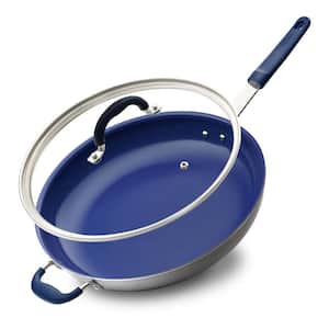14 in. Ceramic Non-Stick Frying Pan in Blue with Lid