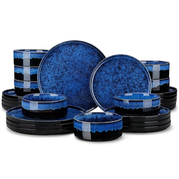 Starry 24-Piece Blue Reactive Glaze Stoneware Dinnerware Set Service for 8 Dinnerware Sets