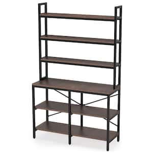 Eulas 70.8 in. Rustic Brown Wood 6-Shelf Etagere Standard Bookcase with Faux Marble and Metal Frame